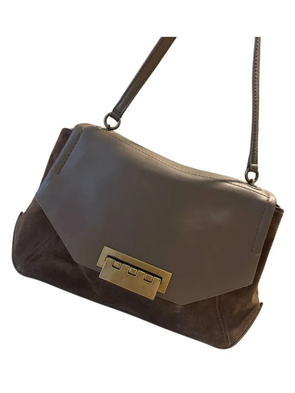 Zac Posen Eartha Brown Leather Suede Envelope Flap Brass Hardware Shoulder Bag